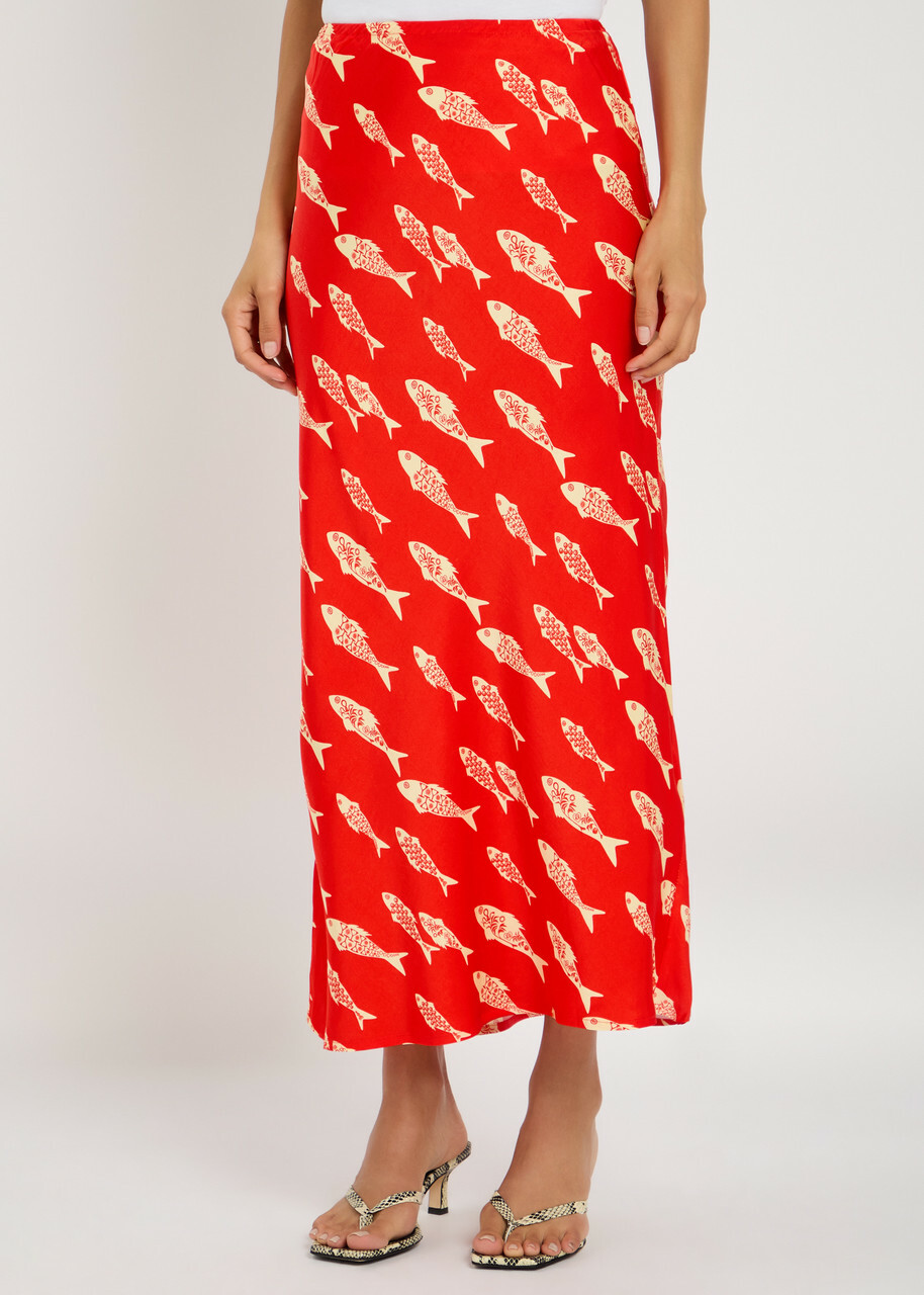 Never Fully Dressed Marina Dorris Printed Satin Midi Skirt Red