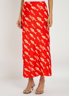 Never Fully Dressed Marina Dorris Printed Satin Midi Skirt Red