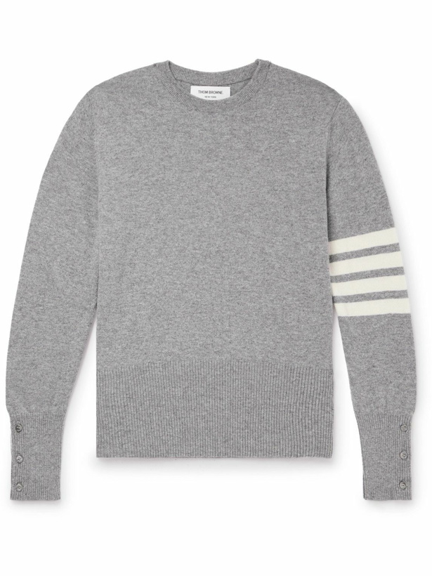 Photo: Thom Browne - Slim-Fit Striped Grosgrain-Trimmed Cashmere Sweater - Gray