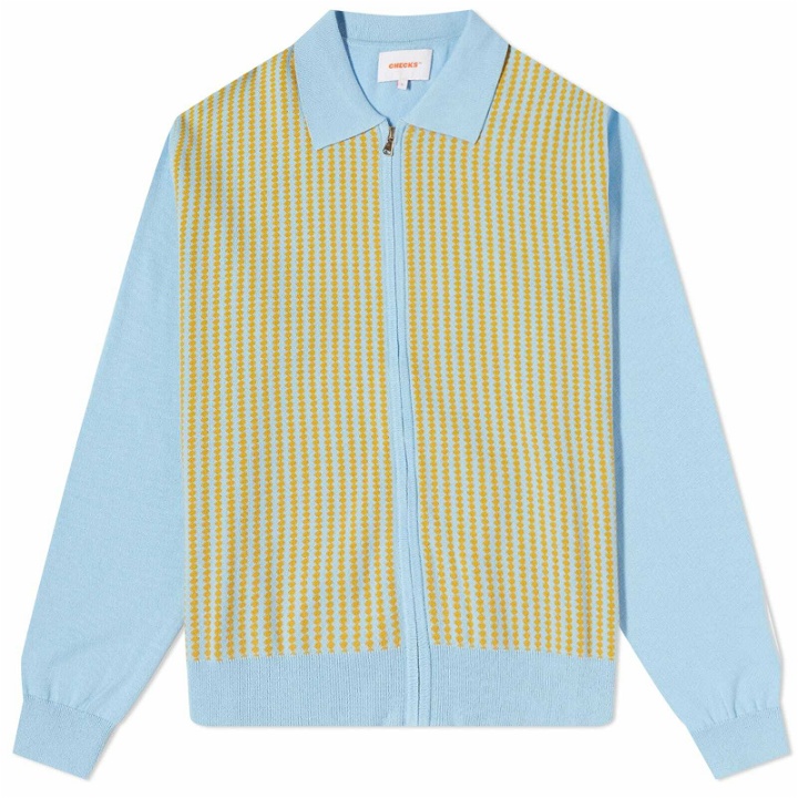 Photo: Checks Downtown Men's Zip–through Polo Shirt in Sky Blue/Mustard