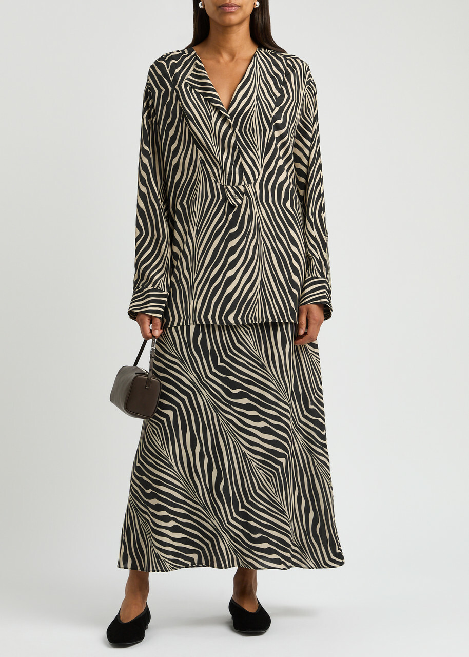 BY Malene Birger Fayette Zebra-print Matte Satin Blouse Black