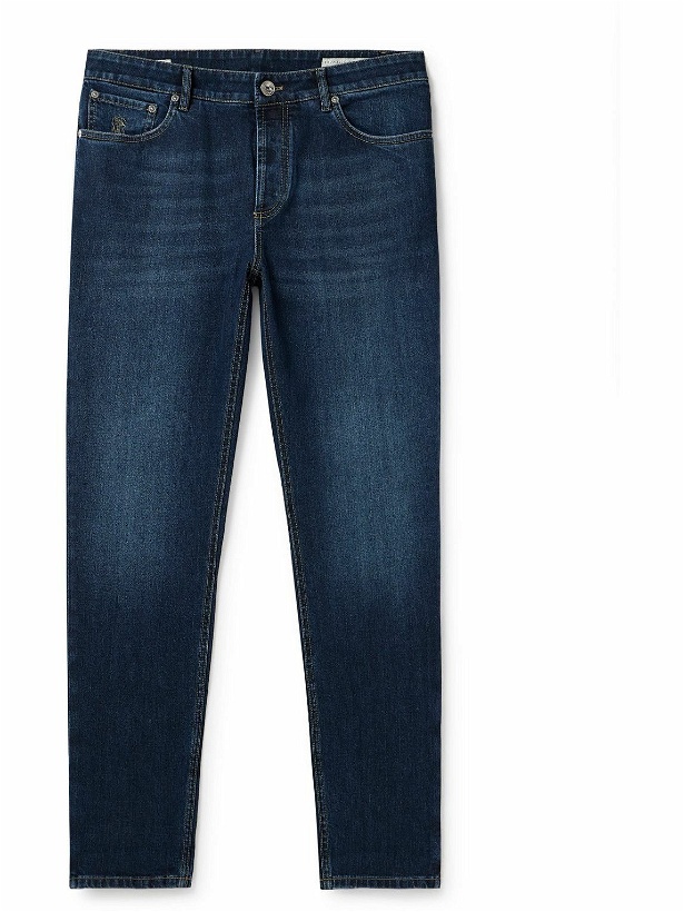 Photo: Brunello Cucinelli - Slim-Fit Straight-Leg Logo-Embroidered Jeans - Blue