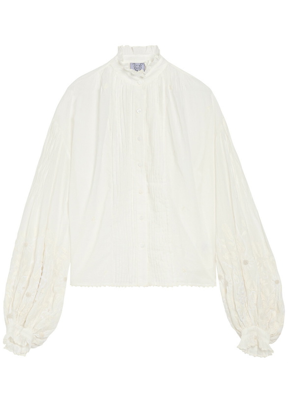 Photo: Thierry Colson Slava Embroidered Balloon Sleeve Cotton Shirt Off White