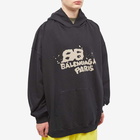 Balenciaga Men's Oversized Dirty Paris Logo Hoody in Black/Ecru