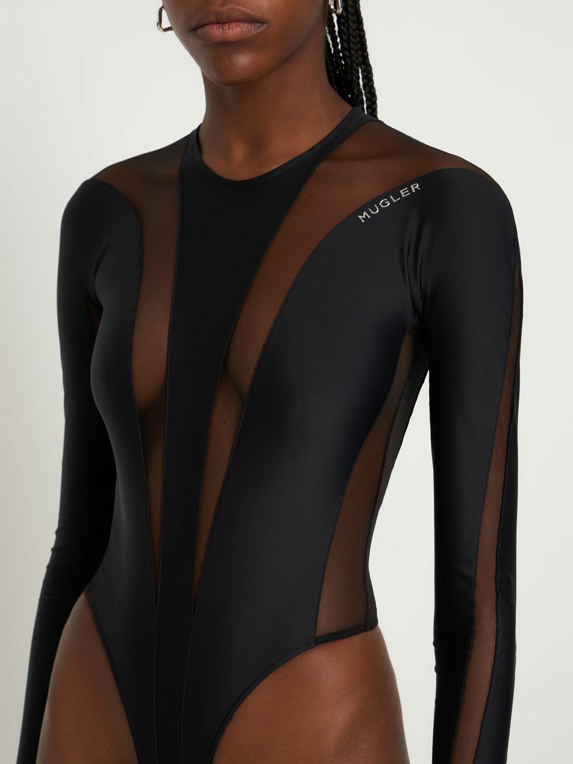 メッシュ長袖ボディスーツ　タイツ  mugler ミュグレー　52 メッシュ長袖ボディスーツ タイツ mugler ミュグレー 52