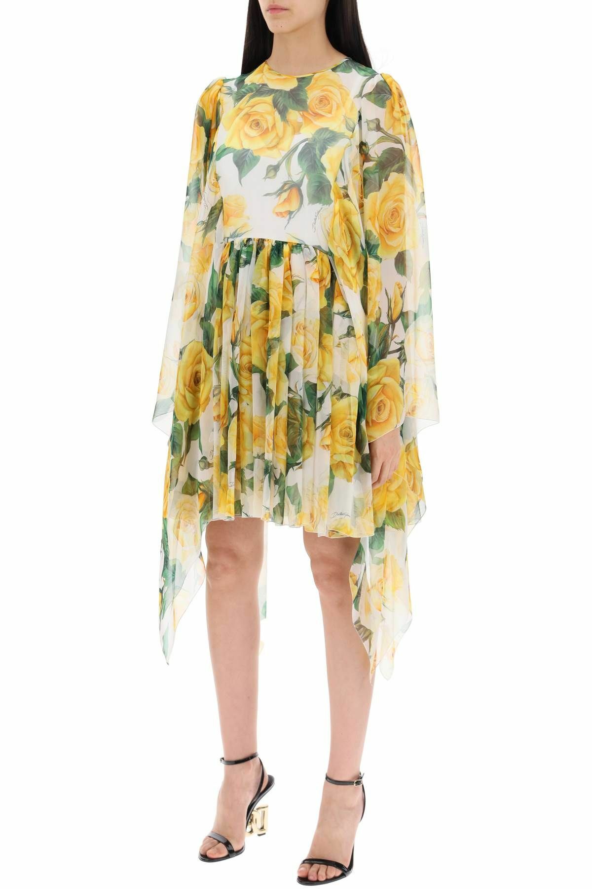 DOLCE & GABBANA 'short silk chiffon dress with yellow rose print' White  Dolce & Gabbana
