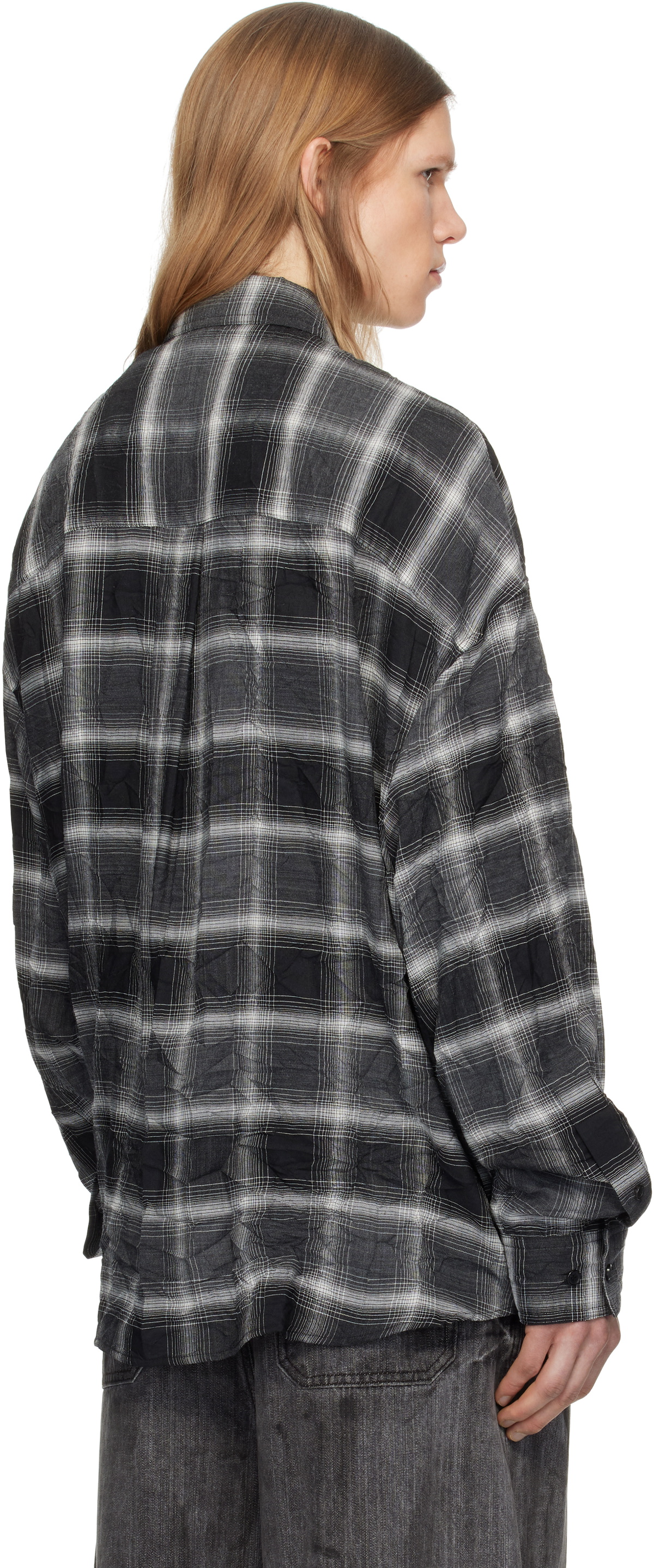 Juun.J Gray Crinkled Check Shirt