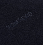TOM FORD - Reversible Fringed Logo-Embroidered Wool and Cashmere-Blend Scarf - Midnight blue