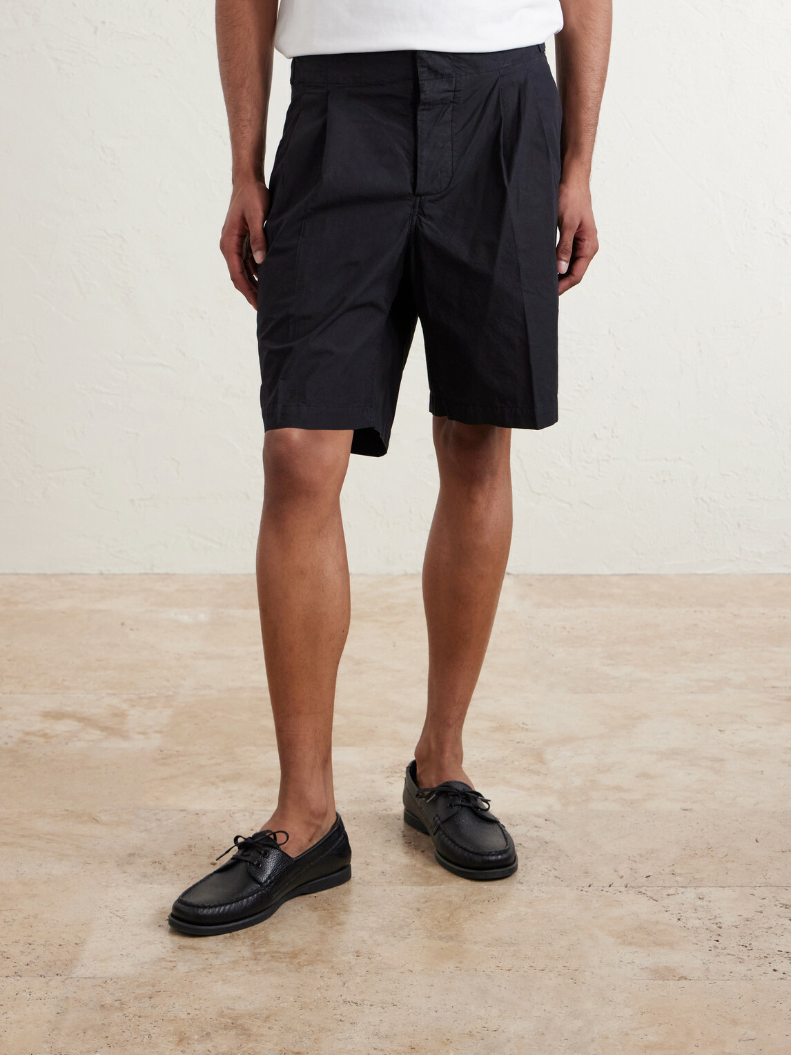 3sixteen - Safari Straight-Leg Pleated Cotton-Poplin Shorts - Black