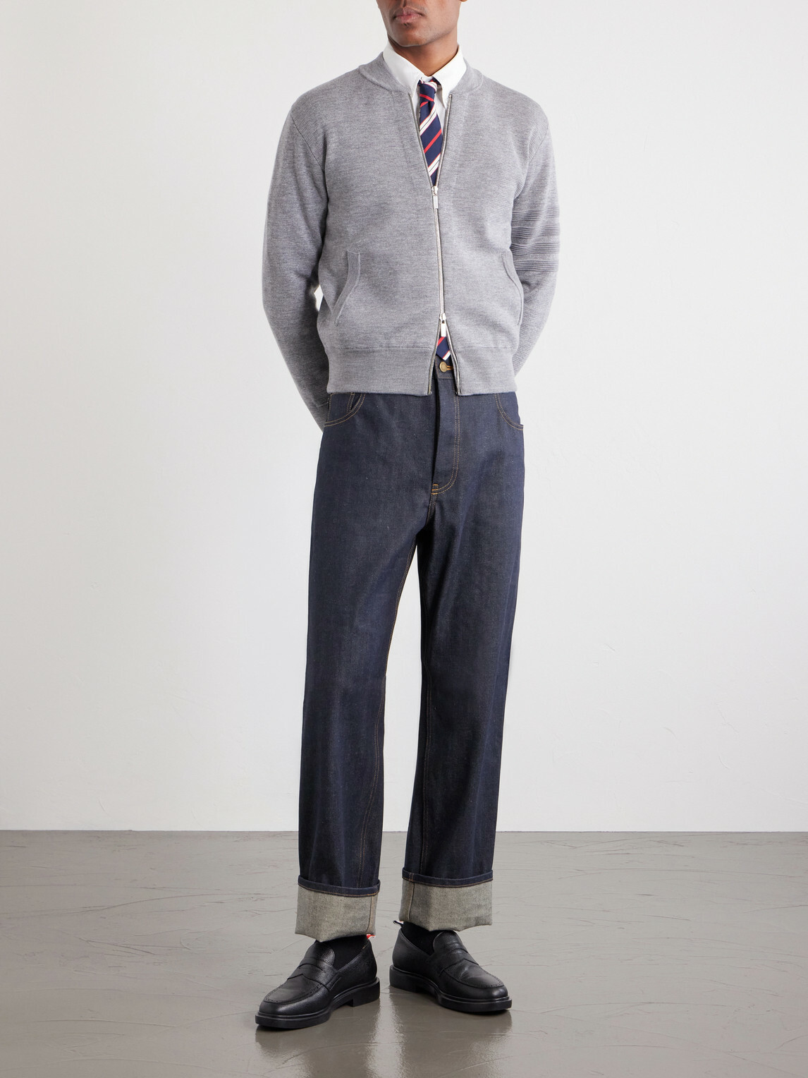 Thom Browne - Striped Wool, Linen and Cotton-Blend Zip-Up Cardigan - Gray