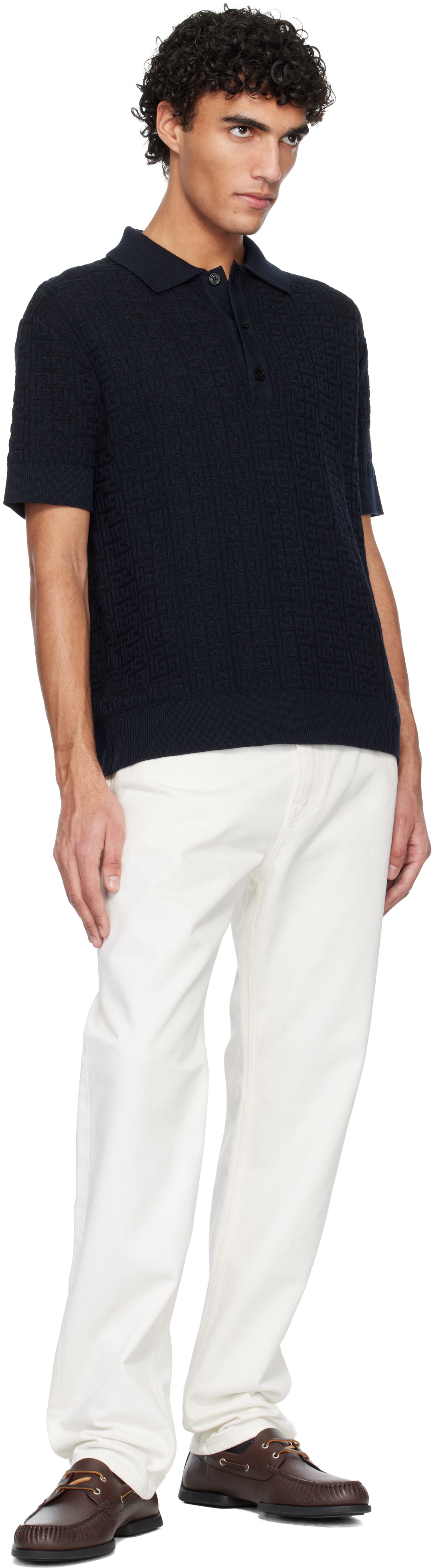 Balmain Navy Monogram Vanise Knit Polo