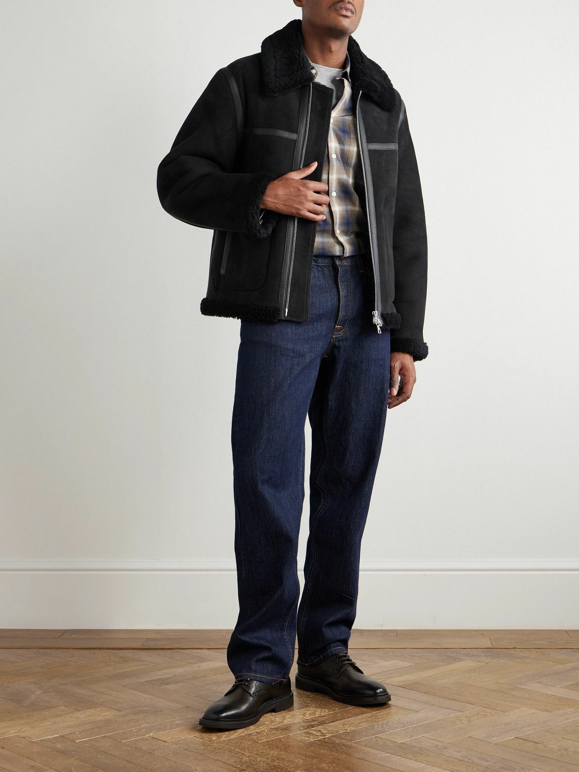Officine Générale - Isaac Leather-Trimmed Shearling Jacket - Black