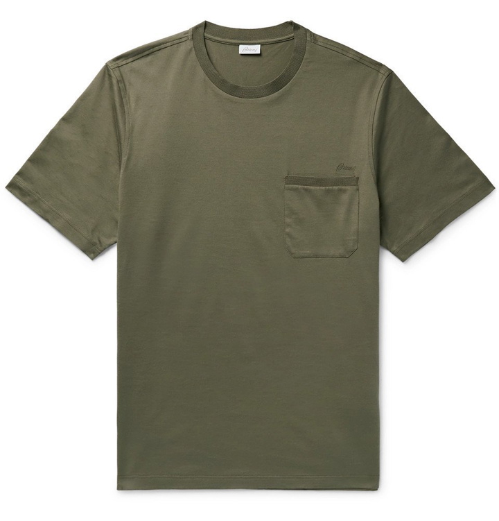 Photo: Brioni - Embroidered Cotton-Jersey T-Shirt - Men - Army green