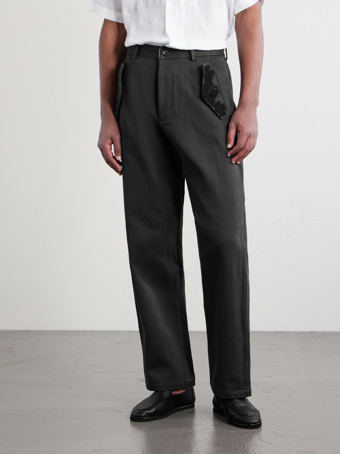 Kartik Research - Straight-Leg Embroidered Cotton-Twill Trousers - Black