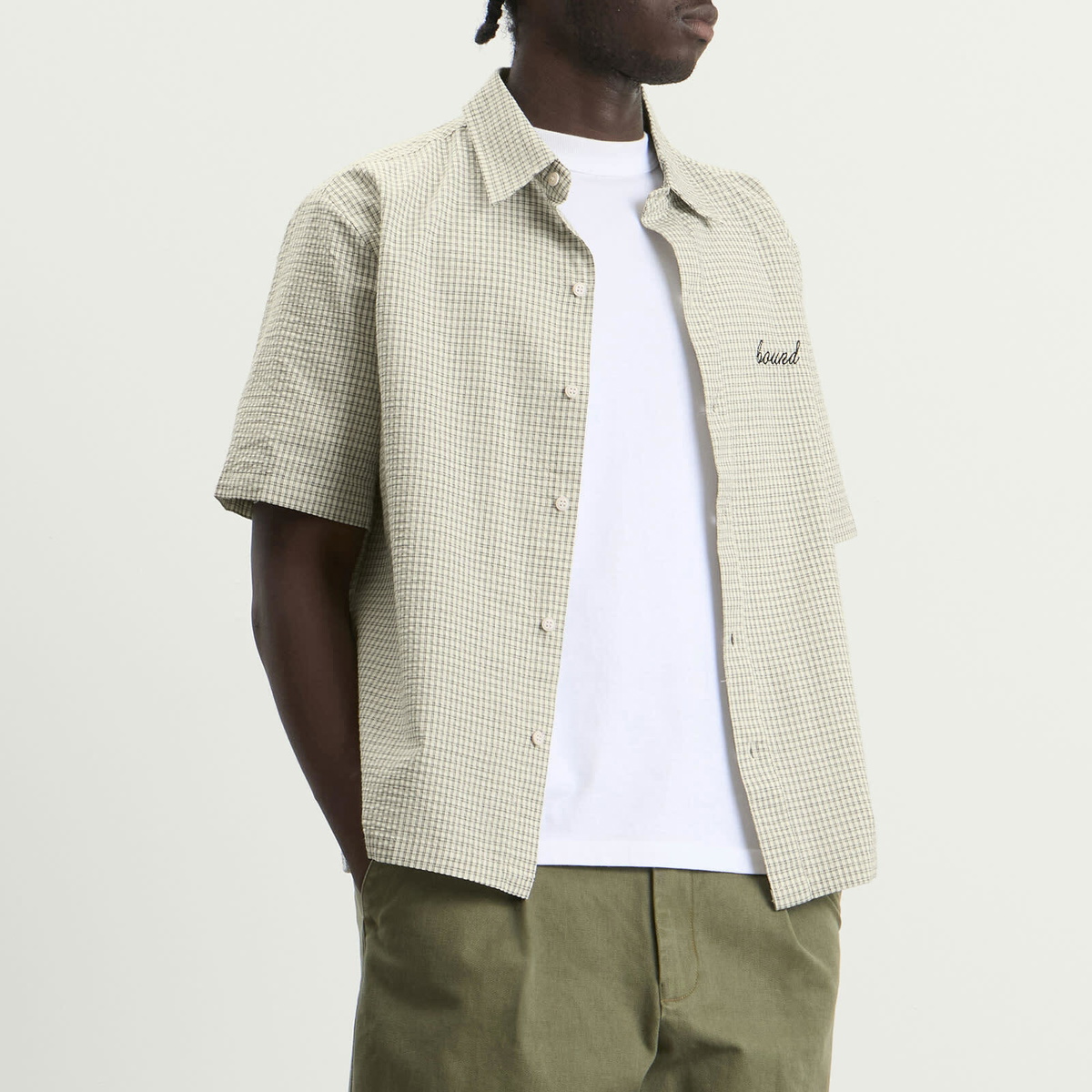 Bound Men's Gingham Cropped Shirt in Ecru