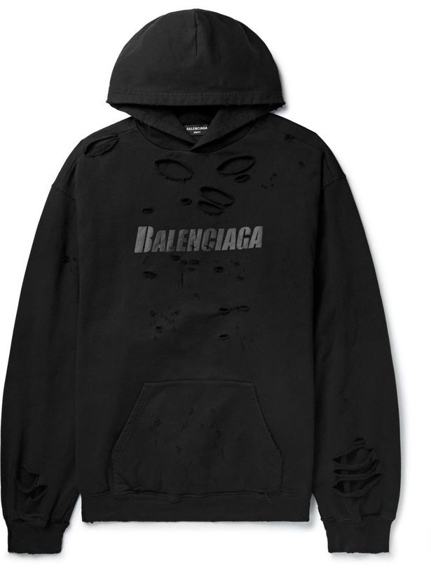 Photo: Balenciaga - Oversized Distressed Logo-Print Cotton-Jersey Hoodie - Black