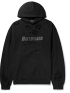 Balenciaga - Oversized Distressed Logo-Print Cotton-Jersey Hoodie - Black