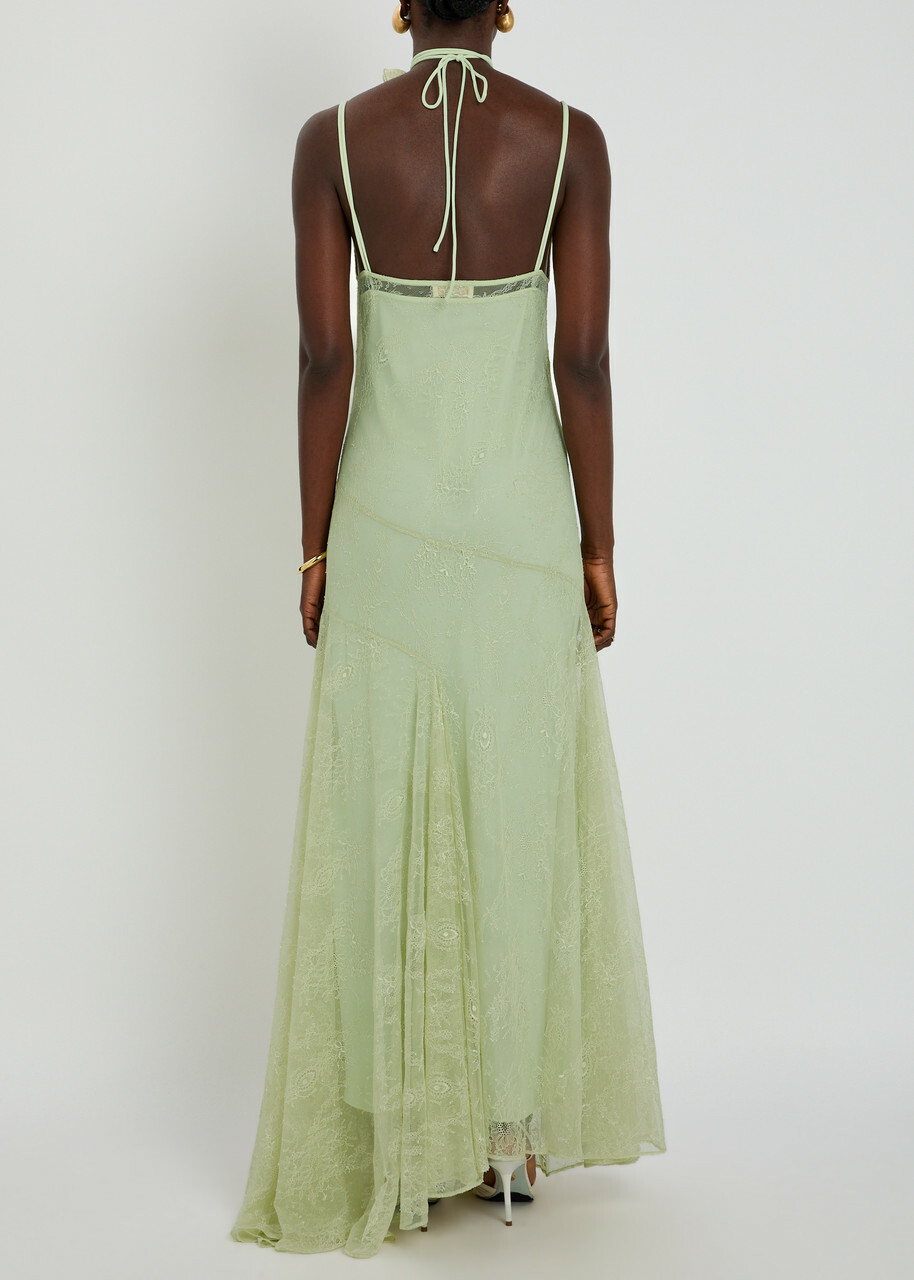 DE LA Vali Calima Asymmetric Lace Maxi Dress Light Green