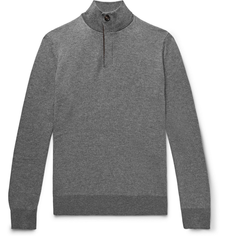 Photo: Ermenegildo Zegna - Slim-Fit Leather-Trimmed Waffle-Knit Cashmere and Cotton-Blend Half-Zip Sweater - Gray