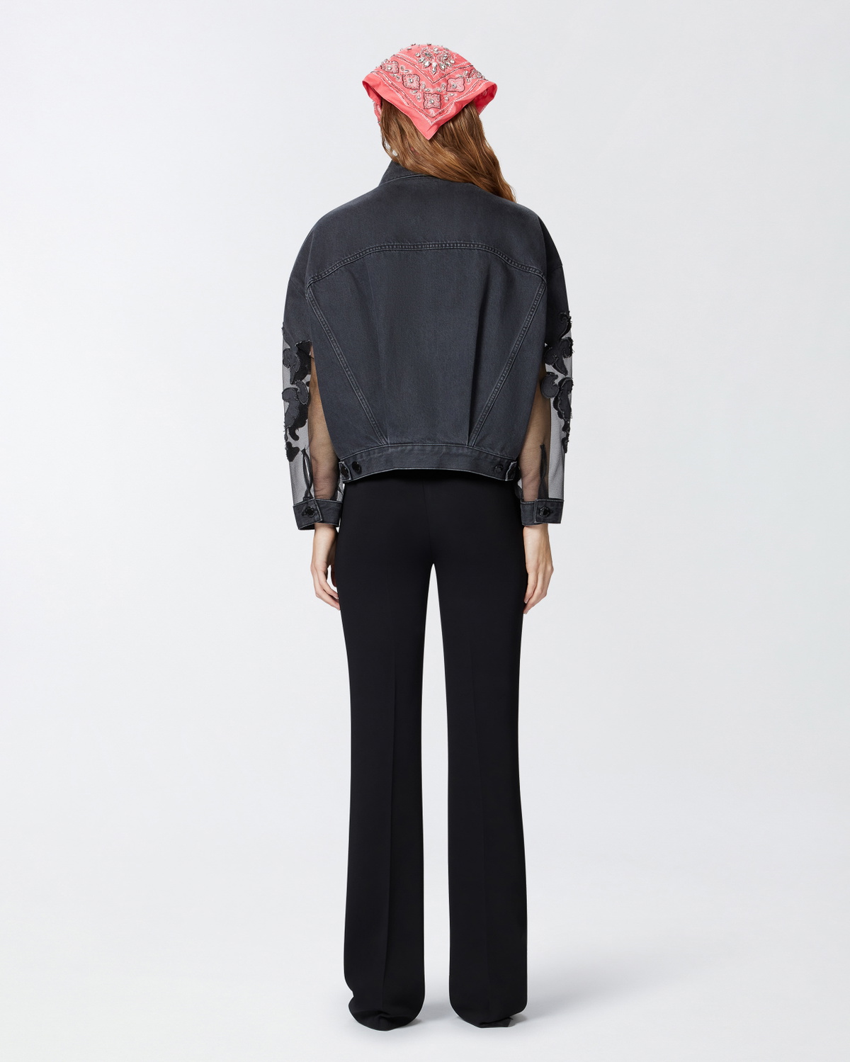 Pinko Black Denim Jacket With Organza Sleeves Limo Black