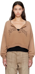 R13 Tan 'New York' Cropped Front Slit Sweatshirt