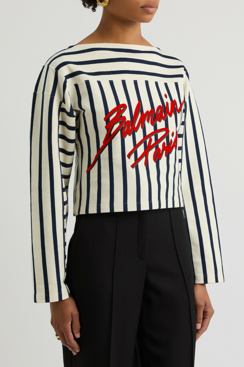 Balmain Logo-print Striped Cotton top Cream