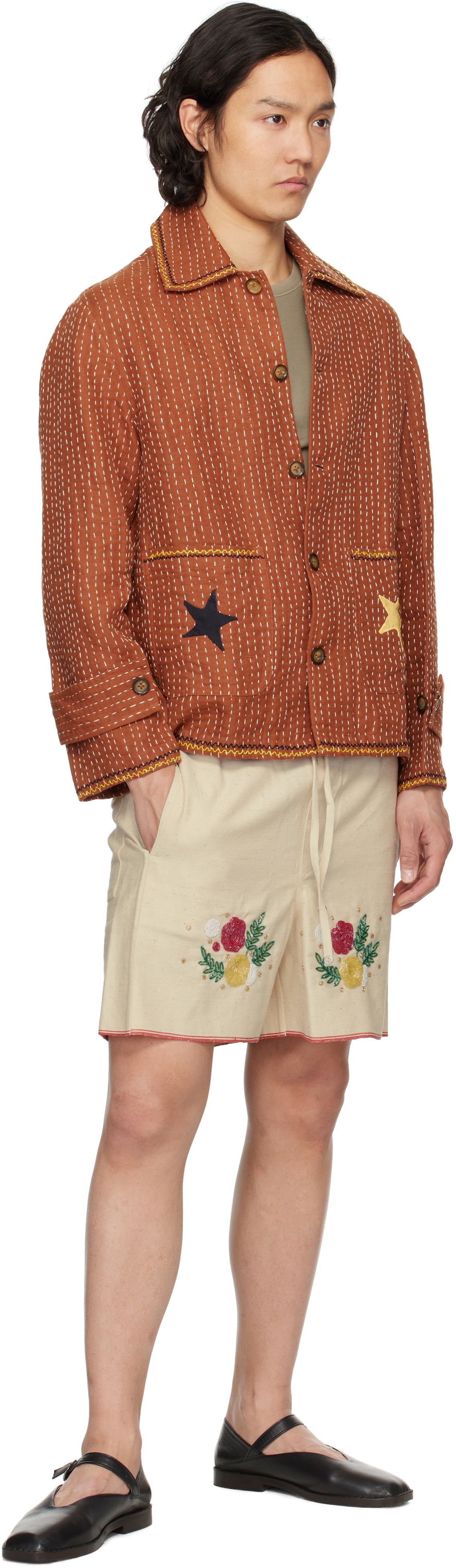 HARAGO Off-White Beadwork Floral Shorts