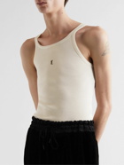 SAINT LAURENT - Slim-Fit Logo-Embroidered Ribbed Cotton-Jersey Tank Top - Neutrals