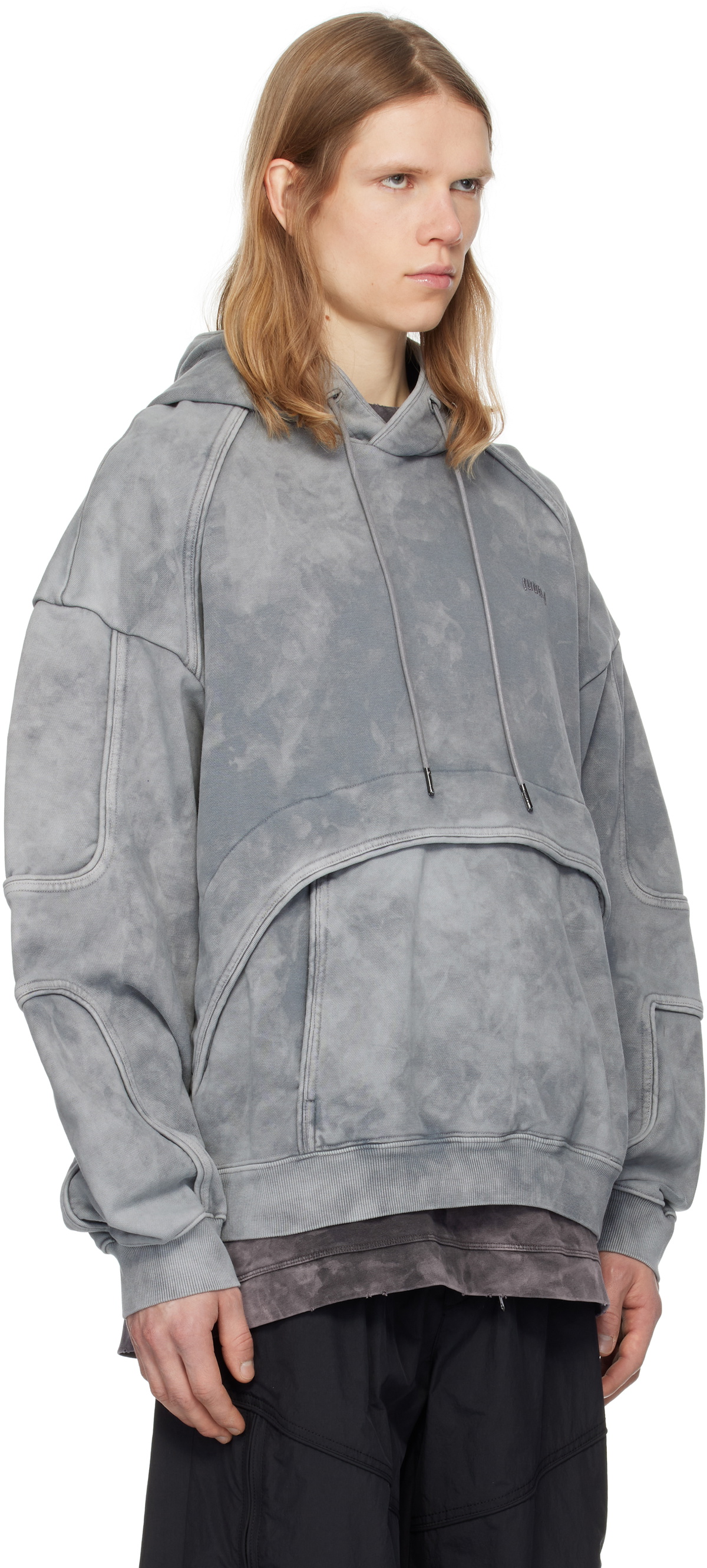 【関税込み】Juun.J グレー Racer Patched Dyed フーディ Juun.J Gray Racer Patched Dyed Hoodie Juun.J
