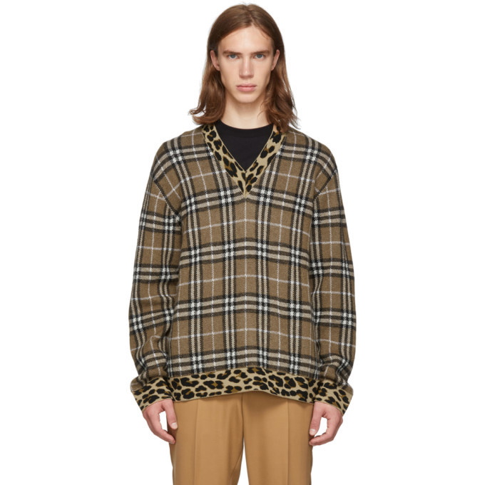 Photo: Burberry Brown Knit Check Leopard V-Neck Sweater