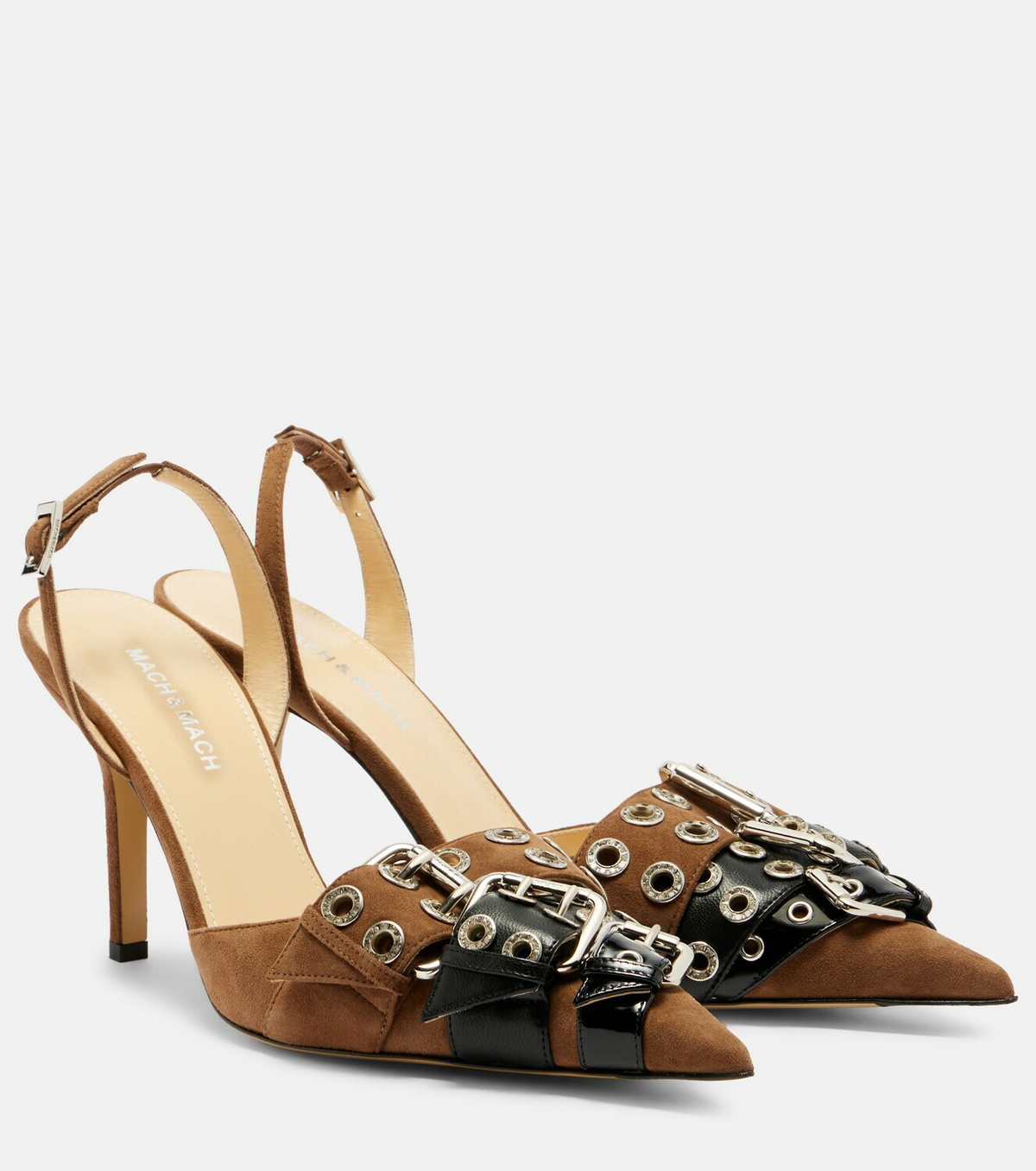 Mach & Mach Buckle Belt 95 suede slingback pumps