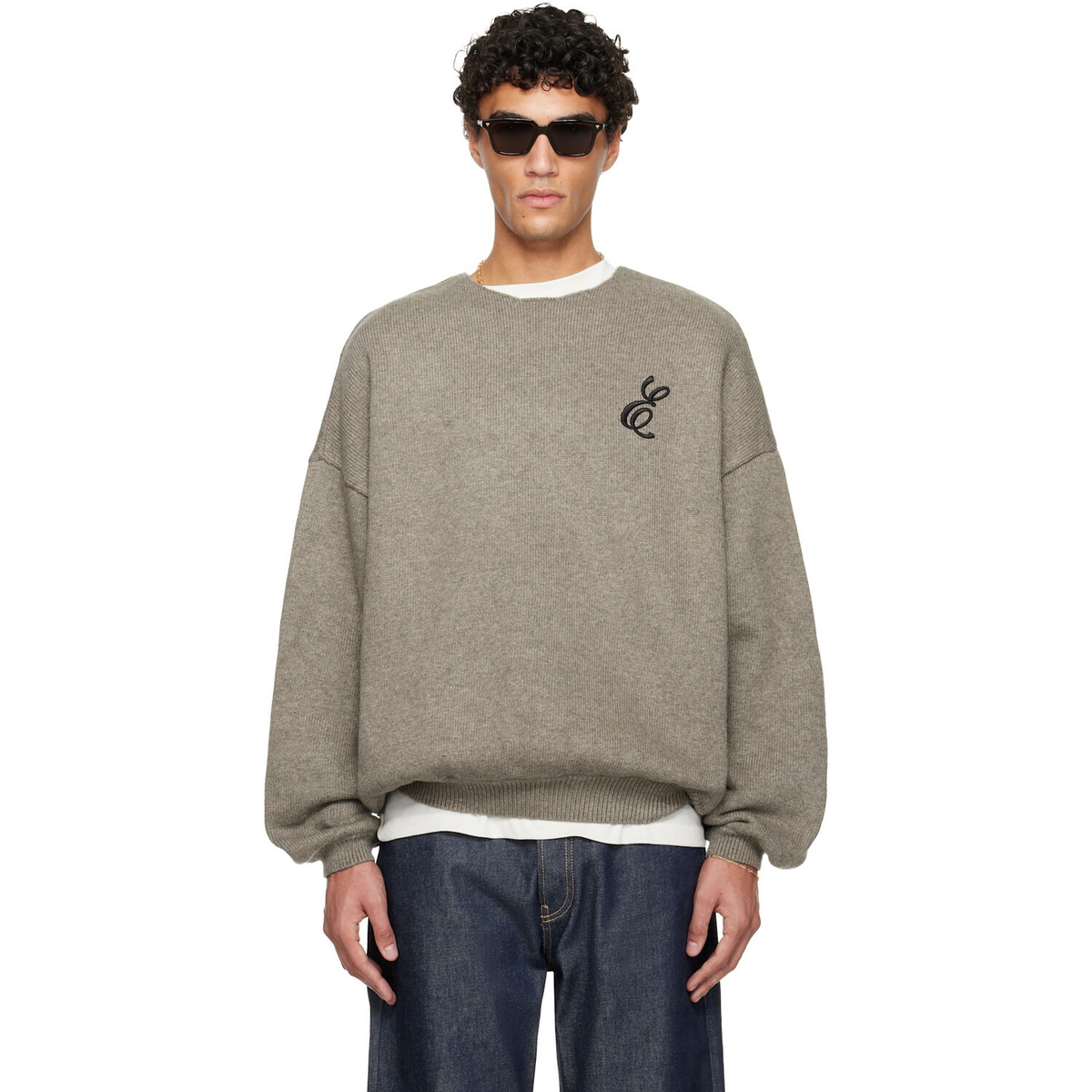 Fear of God ESSENTIALS Brown Holiday Embroidered Merino Crewneck Sweater