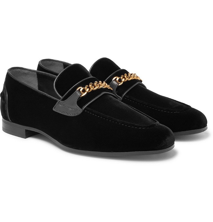 Photo: TOM FORD - Wilton Chain-Embellished Leather-Trimmed Velvet Loafers - Men - Black