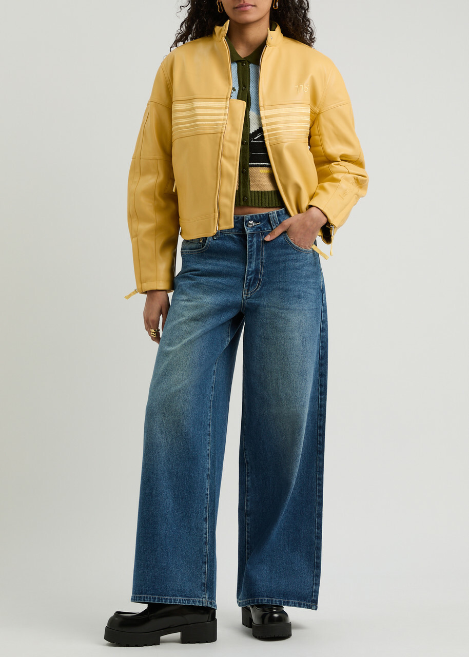House OF Sunny The Racer Embroidered Faux Leather Jacket Yellow