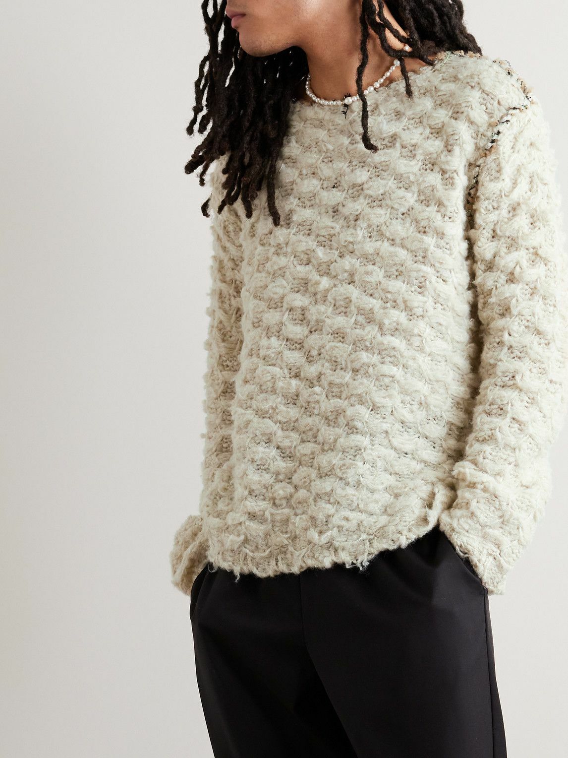 Acne Studios - Distressed Lamé-Trimmed Waffle-Knit Sweater - Neutrals