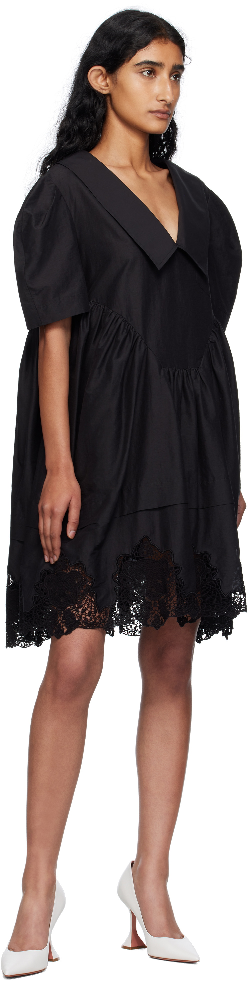 Pushbutton Black Lace Hem Puff Minidress