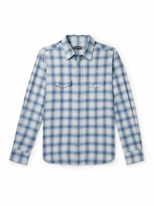 Photo: TOM FORD - Checked Cotton-Blend Western Shirt - Blue