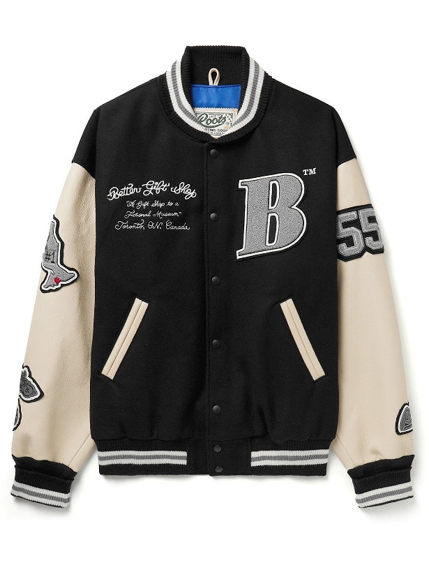Photo: Better™ Gift Shop - Roots Embroidered Appliquéd Wool-Blend and Leather Varsity Jacket - Black