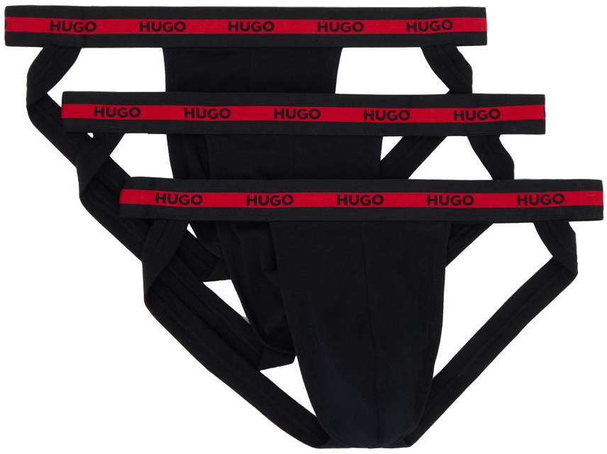 Hugo Three-Pack Black Repeat Logo Jock Straps