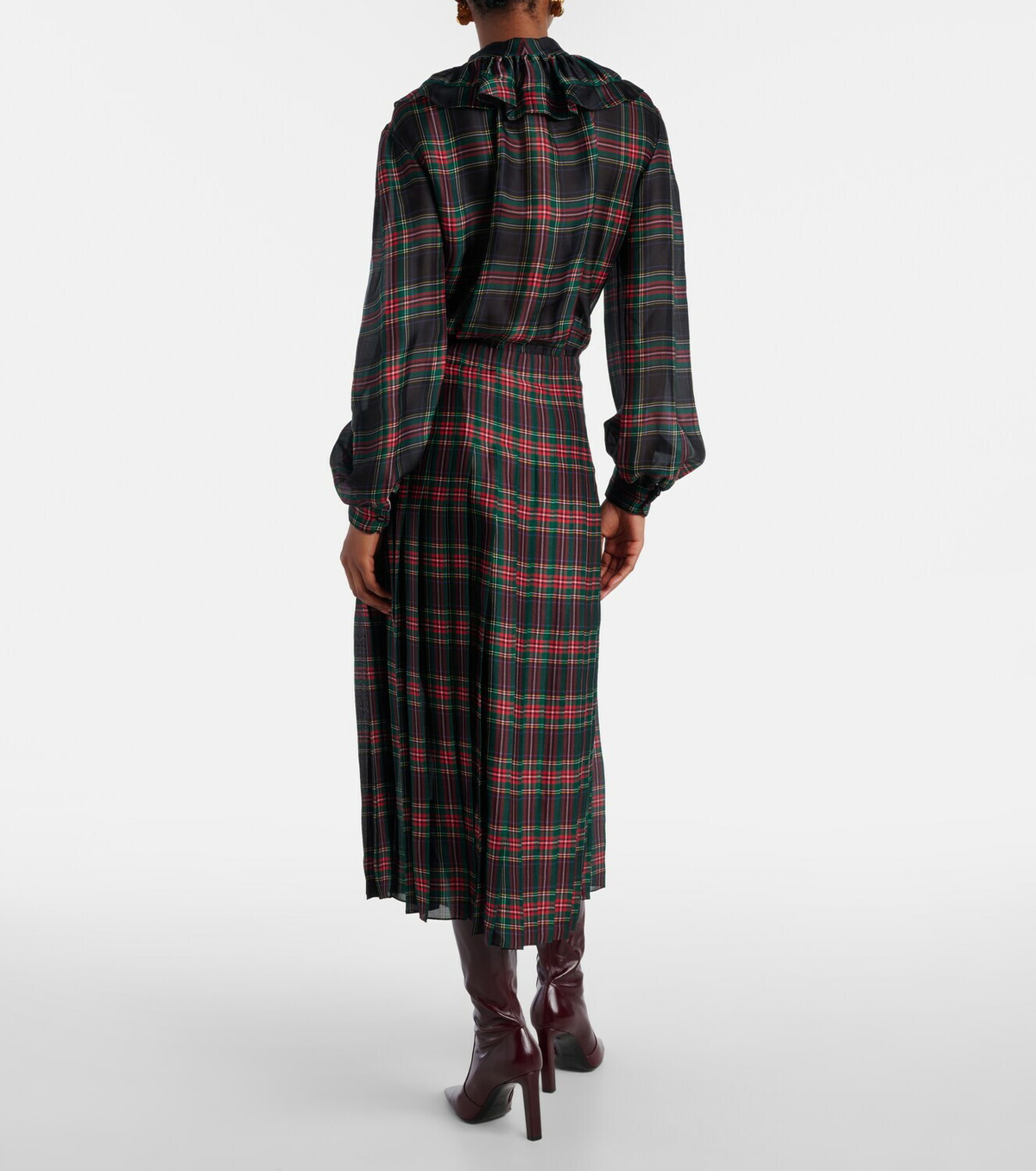 Saint Laurent Checked pleated silk charmeuse midi dress