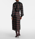 Saint Laurent Checked pleated silk charmeuse midi dress