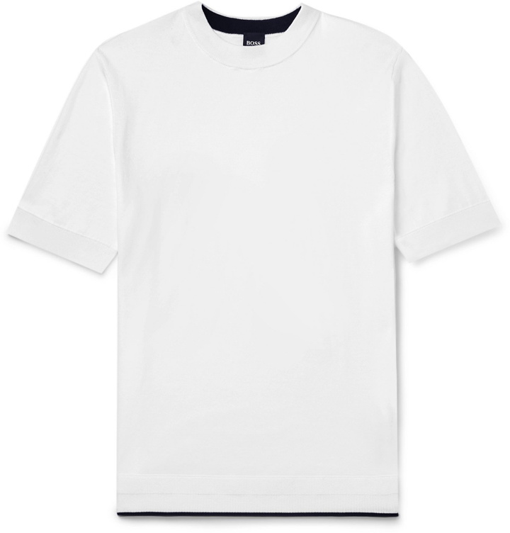 Photo: Hugo Boss - Slim-Fit Contrast-Tipped Knitted Cotton T-Shirt - White