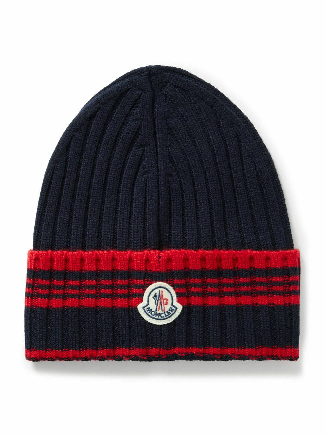 Moncler - Logo-Appliquéd Striped Ribbed Virgin Wool Beanie Moncler