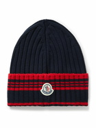 Moncler - Logo-Appliquéd Striped Ribbed Virgin Wool Beanie