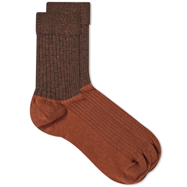 Photo: MHL by Margaret Howell Men's MHL. by Margaret Howell Colour Block Sock in Bark/Clay