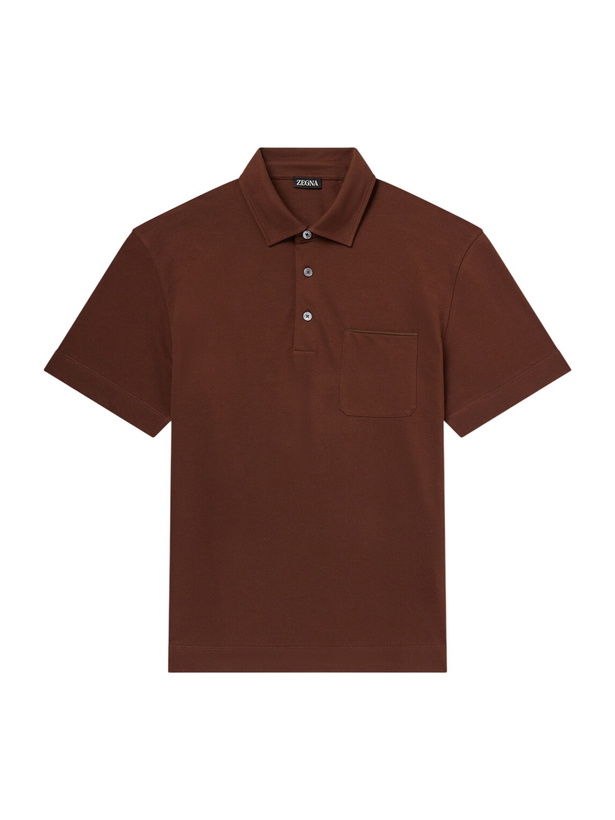 Photo: Zegna - Leather-Trimmed Cotton-Piqué Polo Shirt - Brown