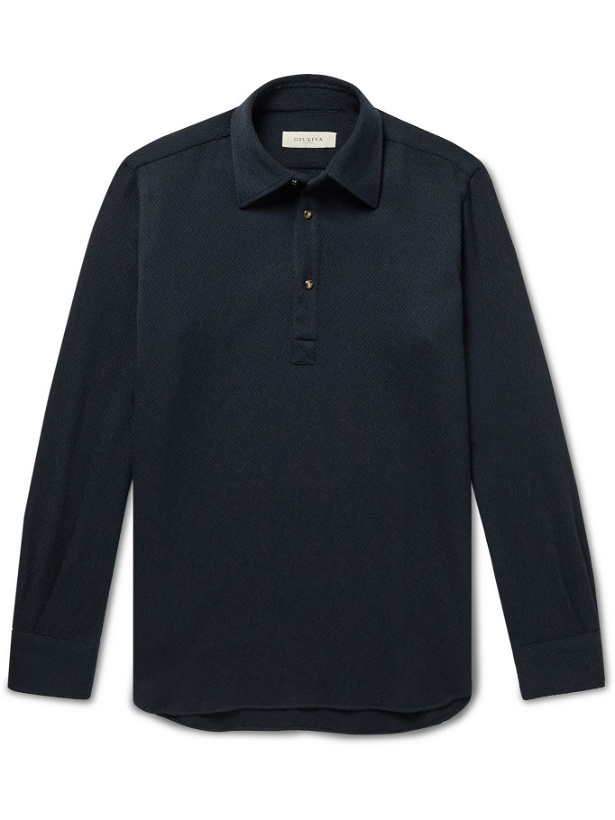 Photo: Giuliva Heritage - Dario Herringbone Virgin Wool-Jacquard Polo Shirt - Blue