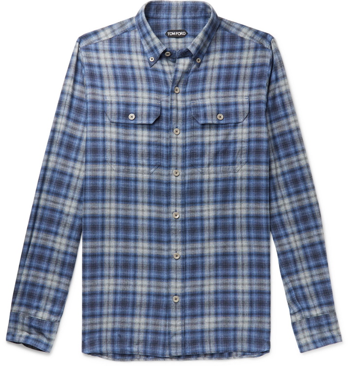 Photo: TOM FORD - Button-Down Collar Checked Brushed-Cotton Shirt - Blue
