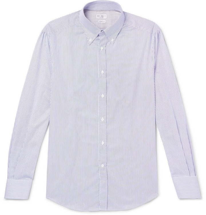 Photo: Brunello Cucinelli - Slim-Fit Button-Down Collar Striped Cotton-Poplin Shirt - Blue