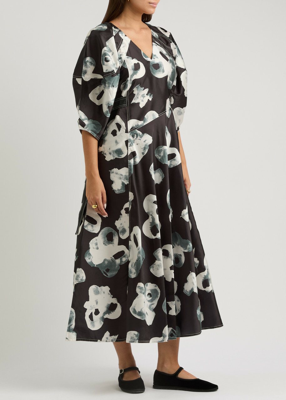 Lovebirds Floral-print Satin Midi Dress Black